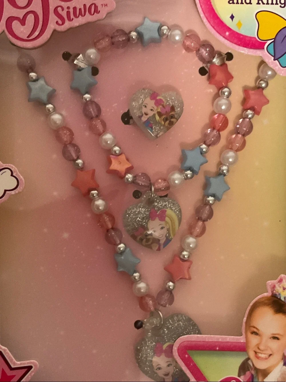 JoJo Siwa Pink, Blue & White Girls' Necklace Bracelet Ring Set